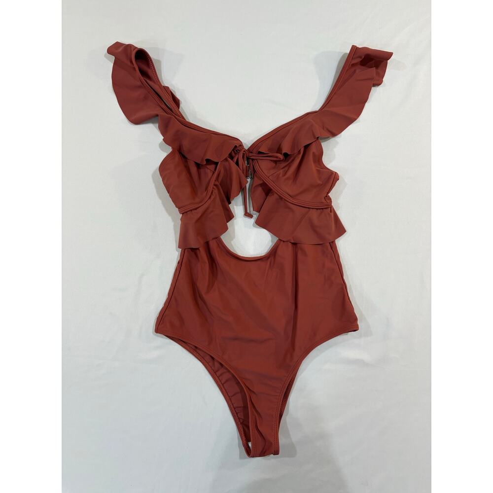 Terra Cotta Ruffled Cut Out High Cut One Piece Swimsuit Size Small